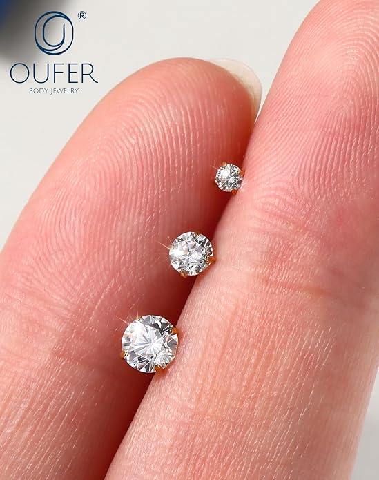 OUFER 18G 6/7/8MM Flat Back Cartilage EarRings-3PCS Gold Titanium Extended Internally Threaded Lip Piercing 2/3/4MM Round Clear CZ Helix Piercing Jewelry