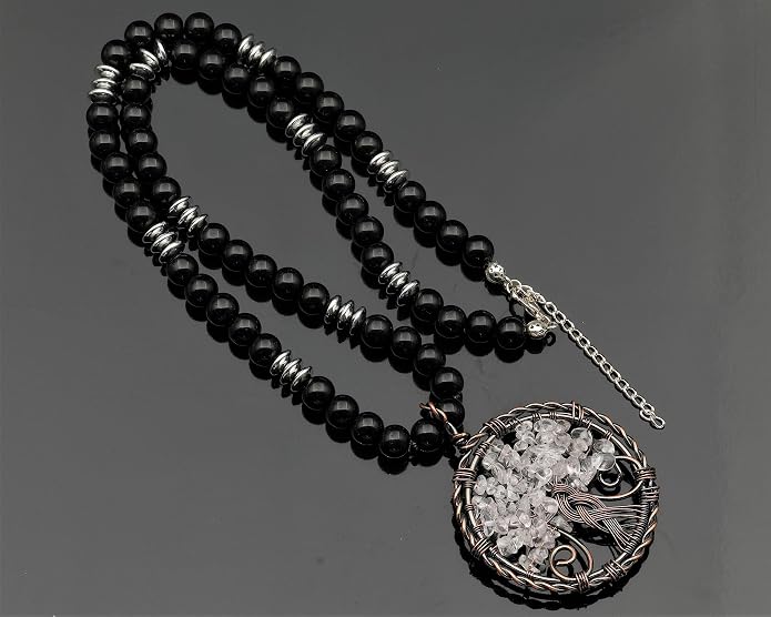 ElisaJewelryArt - Natural Amethyst Big Tree Of Life Pendant Black Onyx Stone Beaded Necklace Genuine Gemstone Feng Shui Stone Clasp Closure Necklace Unisex Necklace
