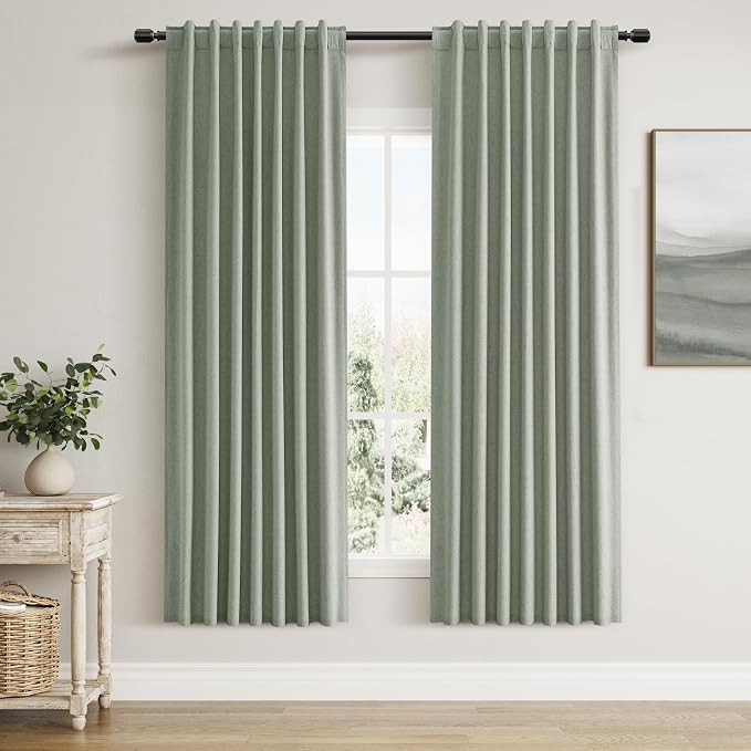 Guken Desert Sage 100% Blackout Linen Curtains 72 Inch Length 2 Panels Set for Living Room Bedroom Back Tab Thermal Insulated Black Out Drapes Room Darkening Window Curtains 72 Inches Long