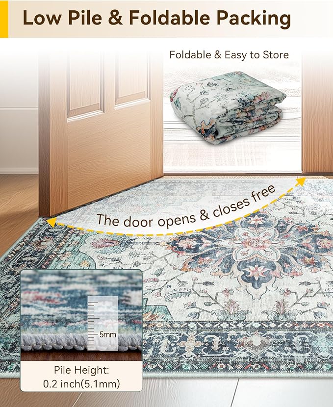RELEANY Area Rugs Large 10'x12' Washable Non-Slip, Floral Vintage Distress Medallion Carpet for Living Room Bedroom Dining Room, Green Navy Blue White Red Teal