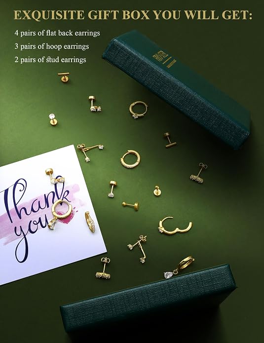 Hypoallergenic Silver Gold Earrings Stacks - 9 Pairs 14K Gold Plated Surgical Stainless Steel Earring Set for Sensitive Ears - Small Ear Piercing Flat Back Cartilage Earrings for Women Trendy Gifts