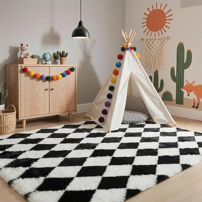 GENIMO Checkered Rug 6x9 Area Rugs for Kids Bedroom Soft Shag Rug Fluffy Fuzzy Carpet Plush Rugs for Living Room Nursery Playroom Dorm Modern Home Decor Aesthetic, Black and White
