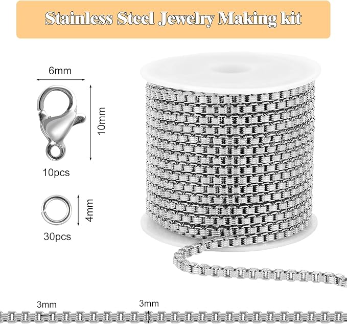 GTVOODX 16.4 Feet Textured Box Chain for Jewelry Making Silver Stainless Steel Craft Necklace Chains Bulk for Men Women DIY Bracelet with Lobster Clasps and Jump Rings
