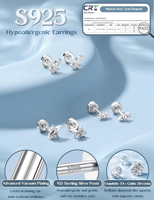 ORAZIO 925 Sterling Silver Flat Back Stud Earrings for Women Hypoallergenic 14K Gold Plated Cartilage Earrings for Sensitive Ears Small CZ Opal Conch Helix Tragus Piercing Jewelry 3 Pairs 20G