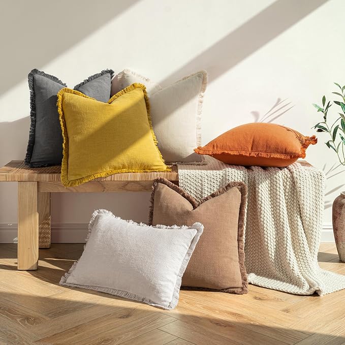 MIULEE Decorative Throw Pillow Covers Neutral Linen Fringe Throw Pillows Set of 2 Burnt Orange Boho Farmhouse Cushion Covers with Tassels for Couch Sofa Bed Living Room Fall Home Decor 20x20 Inch