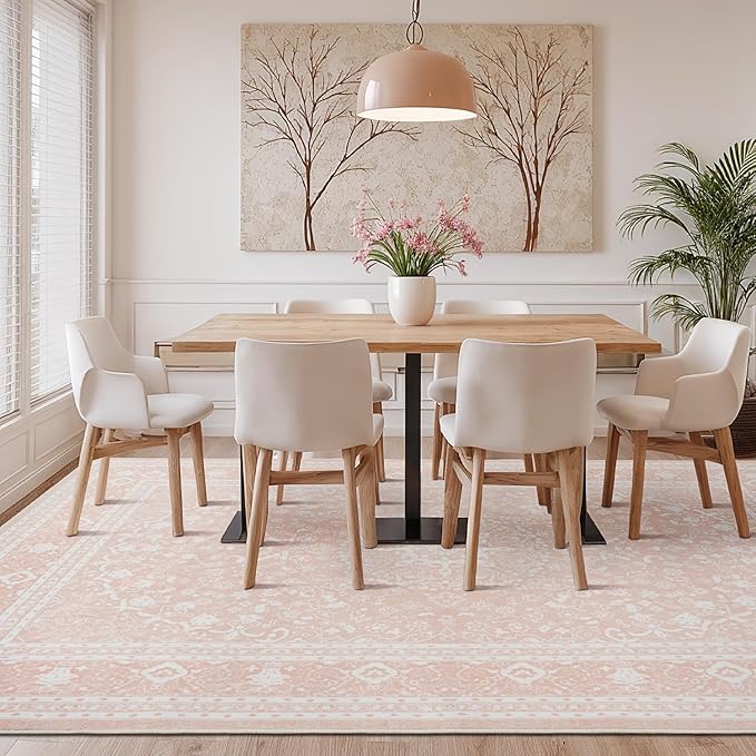 Lessymo 8 x 10 Area Rugs for Living Room, Machine Washable Area Rugs Boho Faux Wool Low Pile Area Rug for Bedroom, Floral Medallion Vintage Rugs with Non-Slip Rubber, Kid & Pet Friendly,Pink