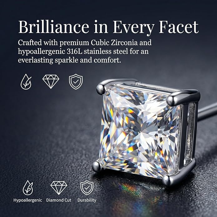 12 Pairs Stud Earrings Set, 3-8mm Cubic Zirconia Earrings for Women & Men 316L Stainless Steel Earring Hypoallergenic Small Earring Nickel Free