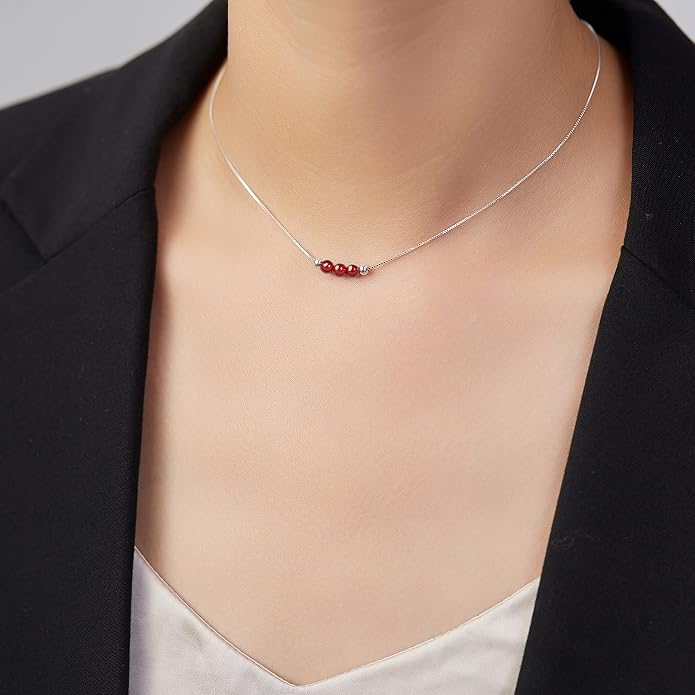 Dainty Crystal 925 Sterling Silver Choker Collar Necklace Handmade With 3 Beads Birthstone Jewelry Gifts for Women Young Lady Mother Friends Keenove