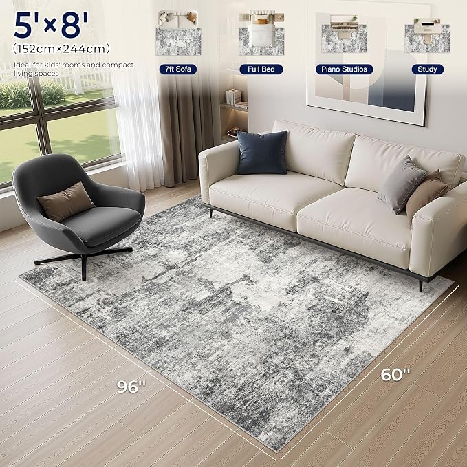 DMOYEST 5x8 Area Rug - Washable & Non Slip Indoor Rug for Living Room, Kid & Pet Friendly Abstract Low Pile Soft Carpet for Bedroom and Dining Room - Grey
