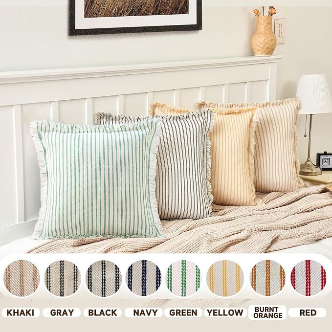ZWJD Throw Pillow Covers 24x24 Set of 2 Green Striped Pillow Covers with Fringe Chic Cotton Decorative Pillows Square Cushion Covers for Sofa Couch Bed Living Room Farmhouse Home Decor