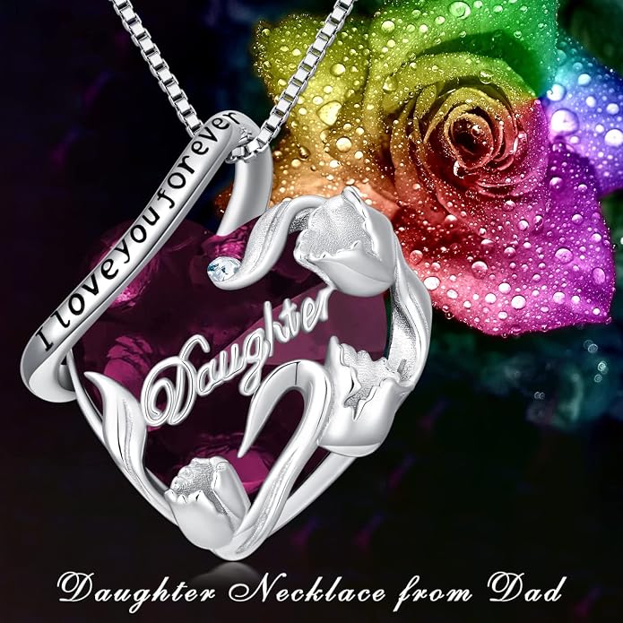 PROESS S925 Sterling Silver Daughter Heart Pendant Necklace from Dad Mom I Love You Forever Jewelry
