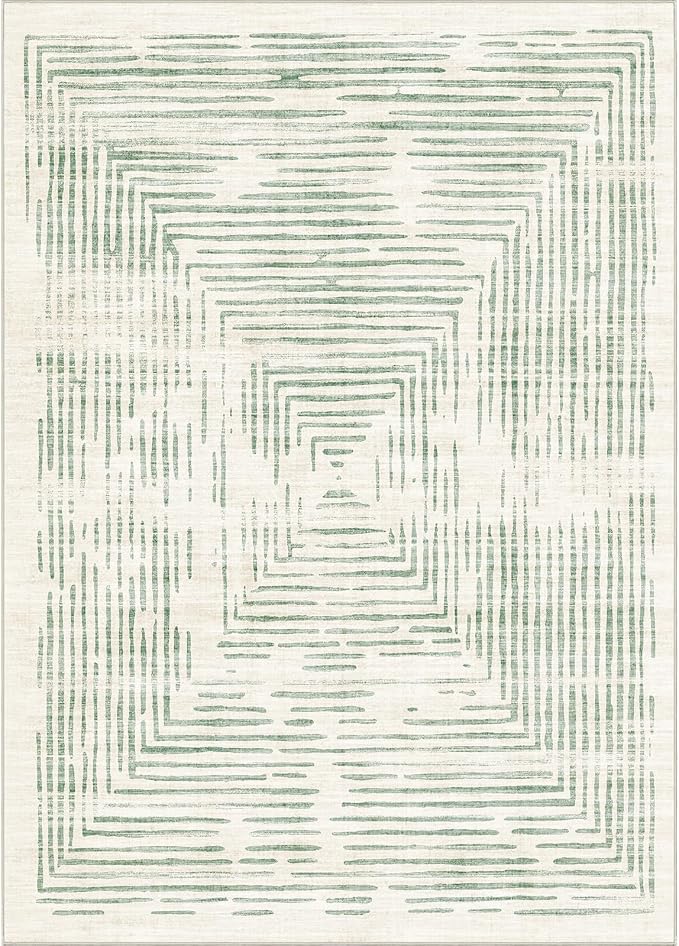 BLISSA Washable 5x7 Area Rugs - Soft Modern Throw Rug for Living Room Non-Slip Ultra-Thin Sage Green Lines Borderd Abstract Carpet for Bedroom Dining Room Rugs for Under Table Nursery Home Decor
