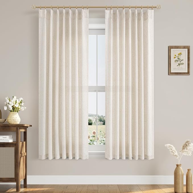 Natural Cream Linen Pinch Pleated Window Curtains 63 Inch Long Pinch Pleat Back Tab Light Filtering Drapes with Hooks Boho Farmhouse Decor Semi Sheer 63 Inch Curtain for Bedroom Living Room Kitchen