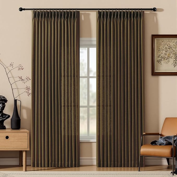 Pinch Pleated Linen Curtains 84 Inch Length 2 Panels Set, Light Filtering Linen Semi Sheer Drapes Memory Trained Pleated Curtain Back Tab for Living Room Farmhouse with Hooks Rings, Dark Chocolate