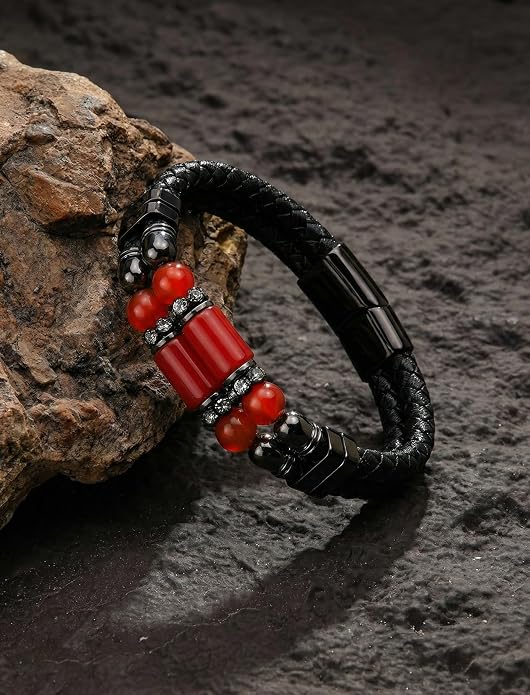 Mens Leather Turquoise/Tiger Eye/Obsidian/Lava Stone Bracelet–Braided Multi‑Layer Wristband Cuff Bangle Barcelet–Jewelry Box and Pouch Packing