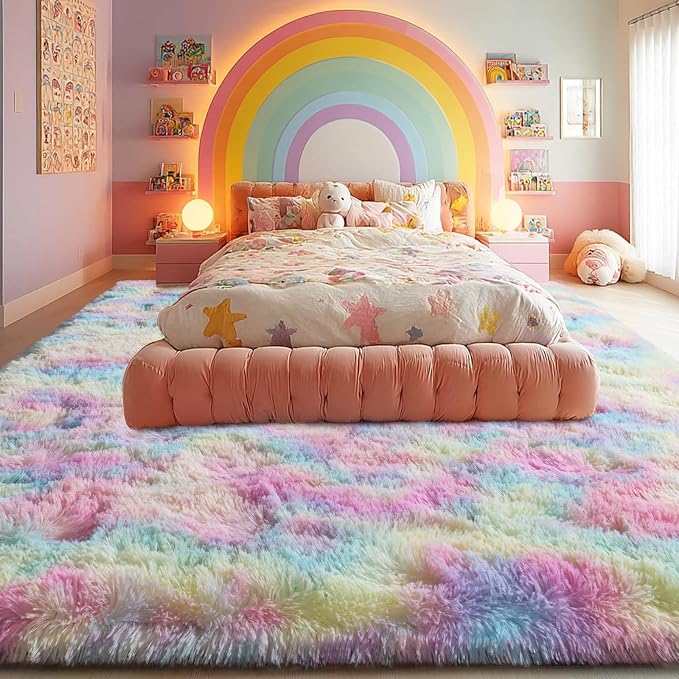 qulint 9x12 Area Rug for Bedroom, Large Soft Shaggy Rugs for Living Room | Fluffy Plush Rainbow Rug, Modern Colorful Carpet for Nursery Kids Room Dorm Classroom Home Decor Aesthetic
