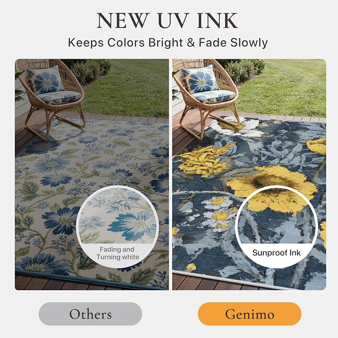 GENIMO 6x9 Outdoor Rug, Washable for Patio and Deck, Navy Yellow | Floral design for dining area; fade resistant chenille with quick-dry non-slip backing for indoor sunroom