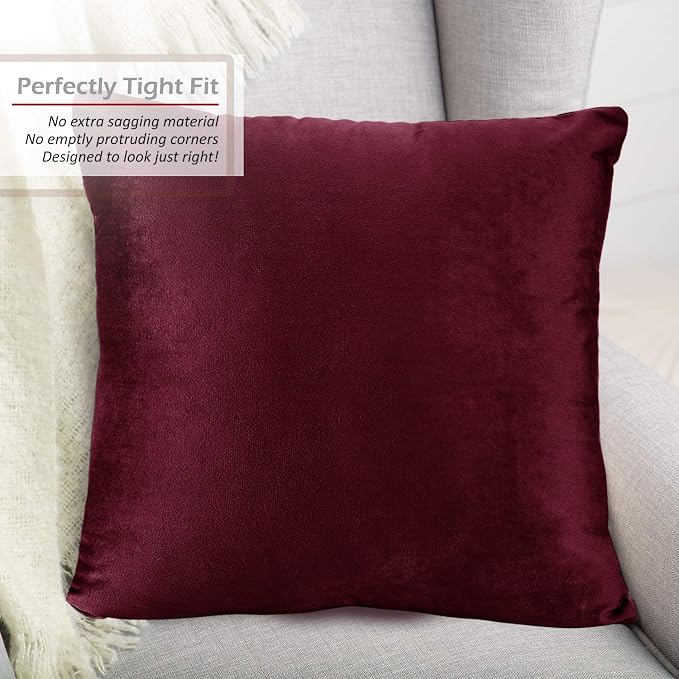 Nestl Throw Pillow Covers, Cozy Velvet Decorative Pillow Cases 24 x 24 Inches, Soft Solid Couch Pillow Covers for Sofa, Bed and Car, Set of 2 - Burgundy Red