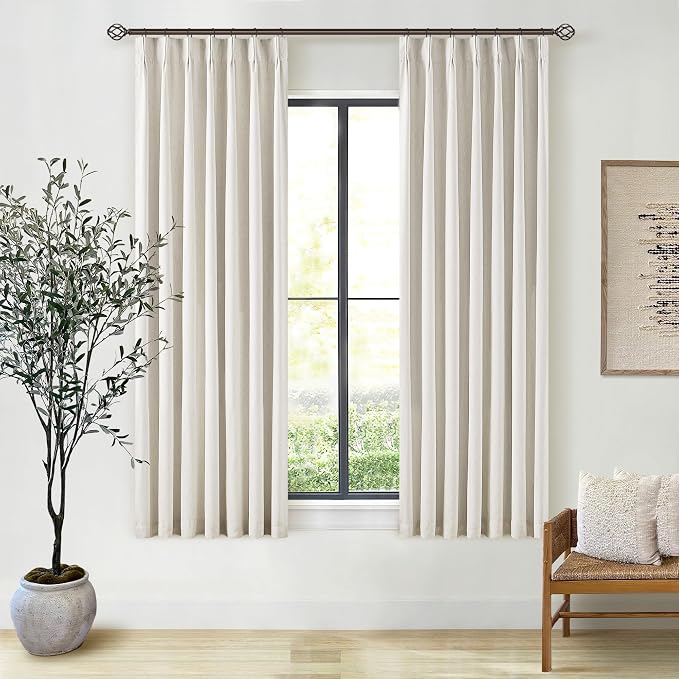 Natural 100% Blackout Pinch Pleated Linen Curtains 63 Inch Long with Liner | Memory Trained, Thermal Insulated, Heat Blocking, Black Out Cream Ivory Curtains for Small Window Bedroom 2 Panels W40xL63