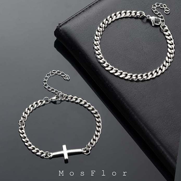Cross Bracelet for Men, Silver/Gold/Black Mens Cross Bracelets Stack Stainless Steel Cuban Link Chain Bracelet Set Non Tarnish Adjustable Chunky Mens Jewelry Gifts for Men Dad Him Father's Day