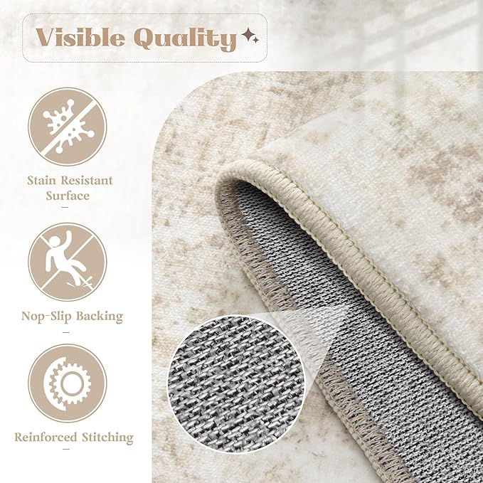 Area Rug 10x14 Washable Rug, Vintage Boho Medallion Rugs Non-Slip Soft Low Pile Large Distressed Rug Indoor Retro Carpet for Living Room Bedroom Dining Room Home Office (Beige, 10'x14')