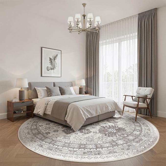 zesthome 9ft Round Rugs for Living Room, Non-Slip Washable Round Area Rugs, Ultra-Thin Large Circle Rugs, Soft Low Pile Rug for Bedroom, Kitchen - Vintage Stain Resistant Round Rug (Brown/Beige,9'x9')