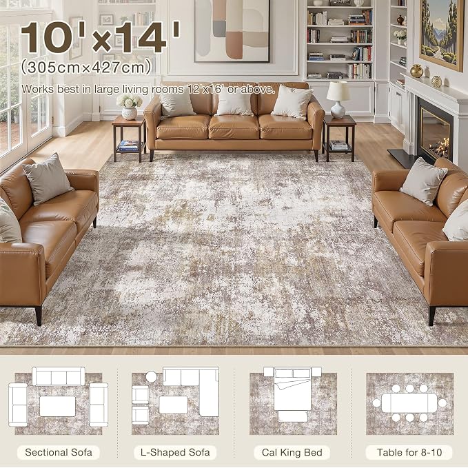10x14 Area Rugs for Living Room, 10x14 Rug Washable High-Low Pile | Neutral Modern Abstract Carpet, Non Slip Lightweight Soft Made for Dining Room, Home Office Indoor Decor - Gold Brown