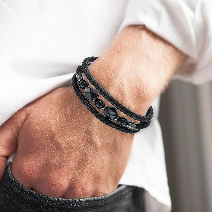 Mens Turquoise/Lapis Lazuli/Tiger Eye/Black Agate/Obsidian Leather Braided Bracelets for Father's Day/Birthdays/Graduation Jewelry Wristband Cuff Bracelet with Stainless Steel Clasp