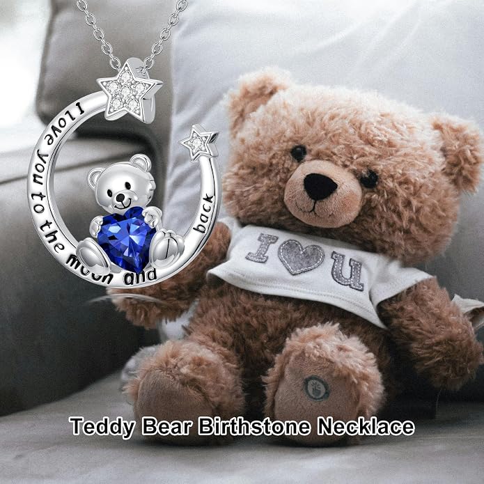 PELOVNY Teddy Bear Necklace for Women 925 Sterling Silver Bear/Highland Cow/Fox/Cat/Axolotl Birthstone Necklace Christmas Birthday Jewelry Gifts for Mom Daughter Wife Sister