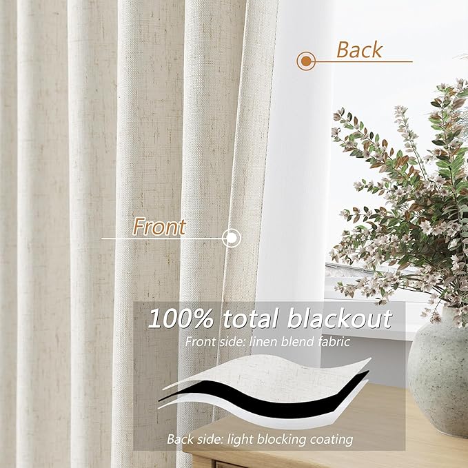 Guken 100% Blackout Linen Curtains for Bedroom 86 Inches Long Natural Cream Black Out Curtain Back Tab Thermal Insulated Room Darkening Window Drapes for Living Room 2 Panels Beige Ivory 52x86