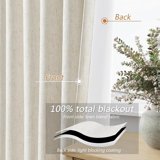 Guken 100% Blackout Linen Curtains for Bedroom 92 Inches Long Natural Cream Black Out Curtain Back Tab Thermal Insulated Room Darkening Window Drapes for Living Room 2 Panels Beige Ivory 52x92