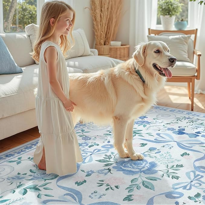DCX Washable 5x7 Bow Rug, Blue Floral Rug for Girls’ Bedroom, Cute Soft Low Pile Indoor Décor Carpet, Kid & Pet Friendly Nursery Rug for Living Room, Dorm, Playroom