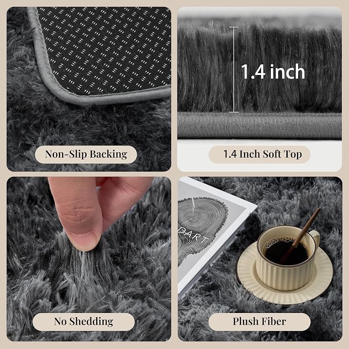 Area Rug for Living Room Bedroom: 4x6 Black Grey Soft Fluffy Shag Upgrade Non-Slip High Pile Carpet Large Fuzzy Plush Indoor Floor Decor Shaggy Rug for Kid Boys Girls Playroom Nursery Modern Home