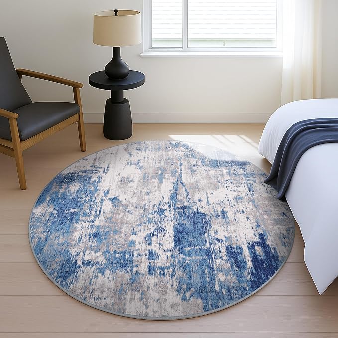 RELEANY Washable Area Rugs 4ft Non-Slip Modern Abstract Soft for Living Room Entryway Bedroom Kitchen, Print Pattern, Blue Grey Navy Gray