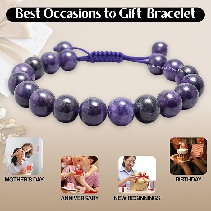 Amazing Gemstone Lepidolite Bracelet for Women Men's Gifts - Protection Healing Crystal Bracelet - 8mm Gemstones Beaded Adjustable Bracelet Pulseras para Hombres Mujer Stocking Stuffers