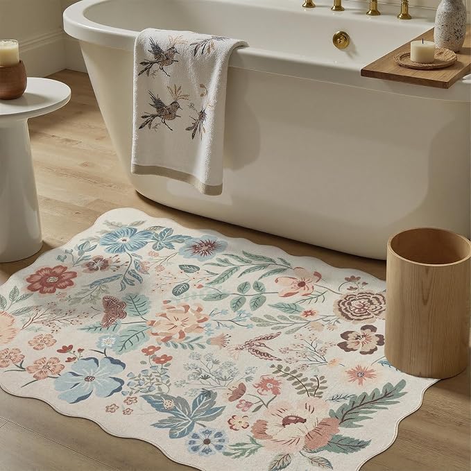DCX Beige Floral Rug 3x5, Washable Beige Rug for Living Room, Kid & Pet Friendly with Rubber Back Non Slip, Soft Low Pile Carpet, Stain Resistant Rug for Bedroom, Nursery, Dining Room