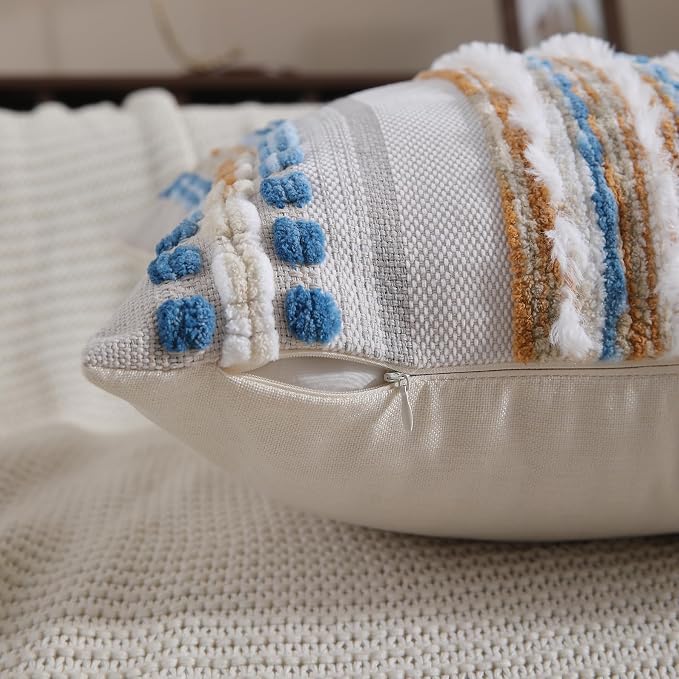Boho Throw pillow covers 18x18 set of 2 farmhouse decorative Couch pillow covers neutral Accent throw pillows covers striped outdoor cushion covers square textured chenille pillow cases for sofa bed
