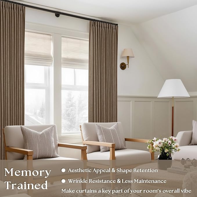 92 Inch Linen Curtains 2 Panels Set Pinch Pleated for Living Room Bedroom Memory Training Shaped Semi Sheer Dutch Cocoa Pinch Pleat Drapes Hooks Rings Light Filtering Window Curtain Drapes