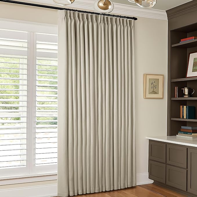 Burlywood Birch Pleated Blackout Linen 102 Inch Long Curtains 60 Inch Wide | 100% Black Out, Memory Trained, Pinch Pleat with Back Tab, Energy Efficient, Thermal Insulated Neutral Drape W60xL102 1 Panel