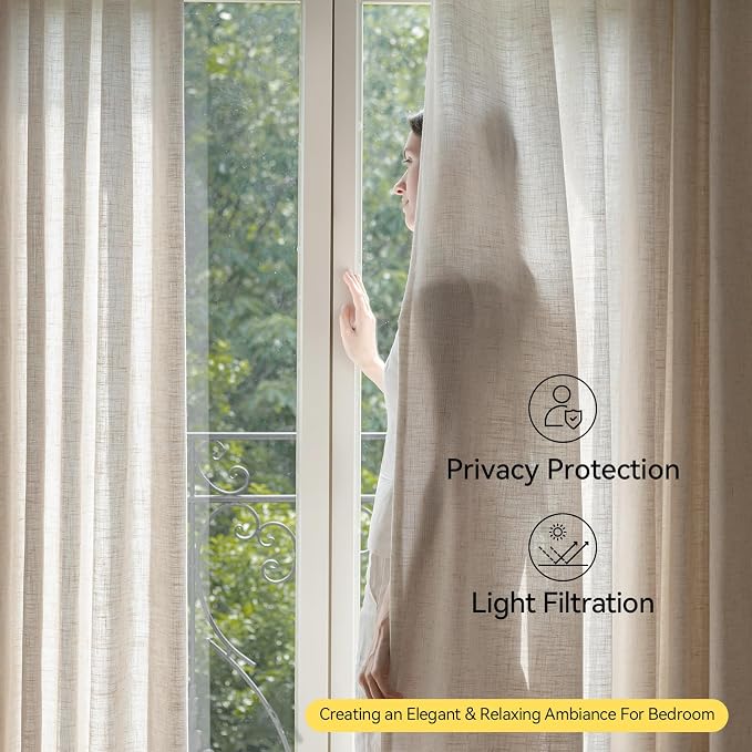 Liz Pinch Pleated Linen Curtains 84 Inches Long - Light Filtering Curtains for Living Room, Semi Sheer Window Curtains for Bedroom, Luxury Pinch Pleat Drapes with Hooks, Natural, 2 Panels Set