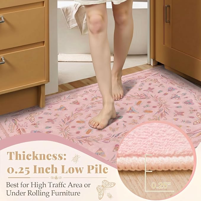Lunasun Butterfly Area Rugs 5x8 for Baby Nursery, Cute Pink Rugs for Bedroom Girls, Living Room, Kids Room Playroom Reading Corner, Washable Ultra Soft Stain Resistant Floral Floor Decor