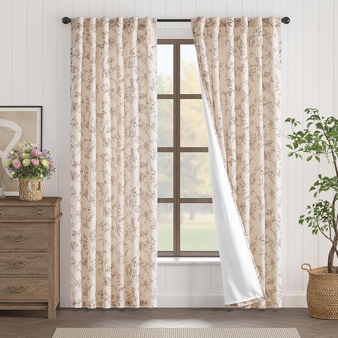 Lazzzy Charlotte Taupe Floral Curtains 84 Inch Length Linen Farmhouse Back Tab Drapes for Living Room Bedroom Light Filtering Vintage Rod Pocket, 2 Panels, Taupe on Beige