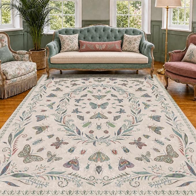 Lunasun Beige Green Rugs for Bedroom Under Bed - 6x9 Area Rug for Living Room, Dining Room, Kids Playroom, Fun Insect Cute Décor,Ultra Soft Non Slip Stain Resistant