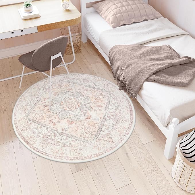 LIVEBOX Pink Vintage Round Rug 4ft Washable Floral Rug | Machine washable floral circle rug with non-slip backing for living room, bedroom, nursery and office, Girl's Room