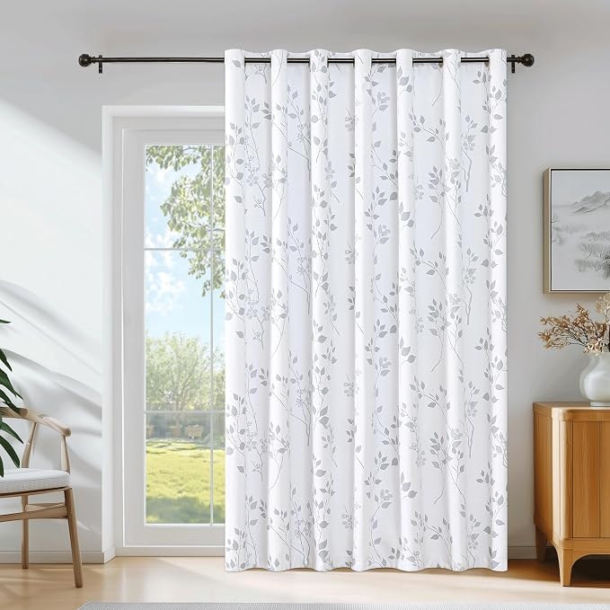 Beauoop Floral 100% Blackout Sliding Door Curtains Grey White 100x84 1 Set | Flower Patterned Room Darkening Patio Curtains Extra Wide Room Divider Drapes Thermal Soundproof Window treatment Grommet