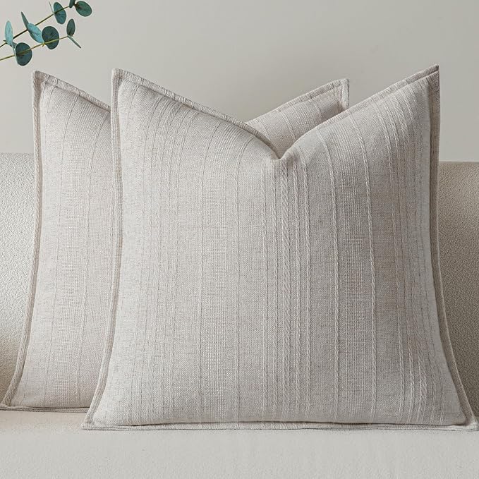 a moment Linen Pillow Covers Set of 2,Boho Farmhouse Throw Pillowcases Neutral Textured Decorative Covers for Couch Sofa Bed, Soft Linen Blend Accent Case Cushion Living Room Home Decor 20"x20"Ivory