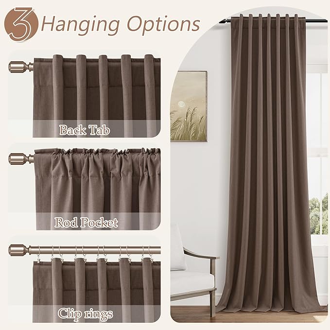 Guken 100% Blackout Curtains 84 Inch Length 2 Panels Set for Living Room Bedroom Back Tab Thermal Insulated Black Out Linen Drapes Room Darkening Mocha Mousse,52x84