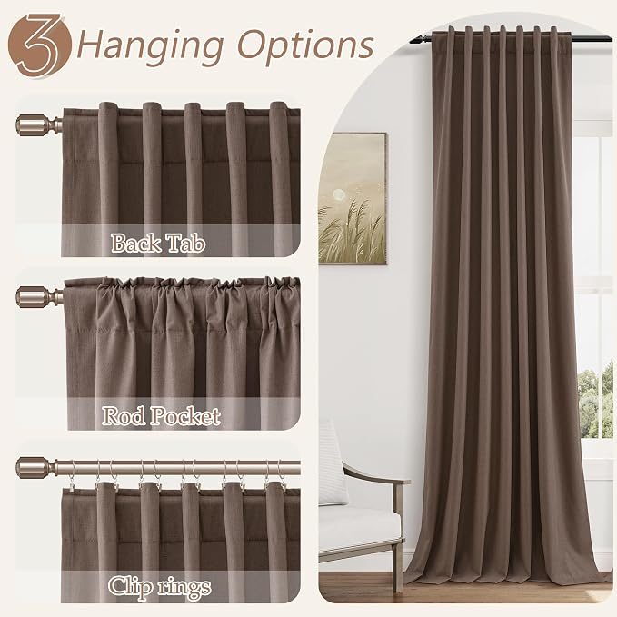 Guken 100% Blackout Curtains 108 Inch Length 2 Panels Set for Living Room Bedroom Back Tab Thermal Insulated Black Out Linen Drapes Room Darkening Mocha Mousse,52x108