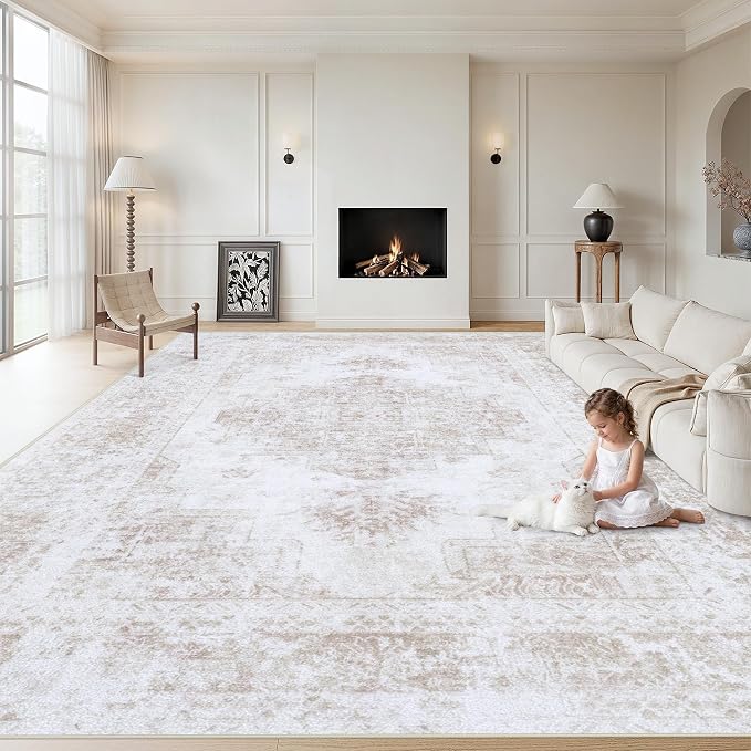 XLUEZ Area Rug 9x12 Living Room Rug, Machine Washable Vintage Distressed Medallion Rug Non-Slip Soft Low Pile Large Indoor Rugs for Bedroom Kitchen Dining Room Office(Beige,9'x12')