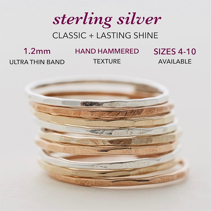Hammered Stacking Ring for Women, Dainty 1.2mm Minimalist Band, Sterling Silver, 14k Gold Filled or Rose Gold Filled, Thin Stackable Ring, Everyday Jewelry Gift